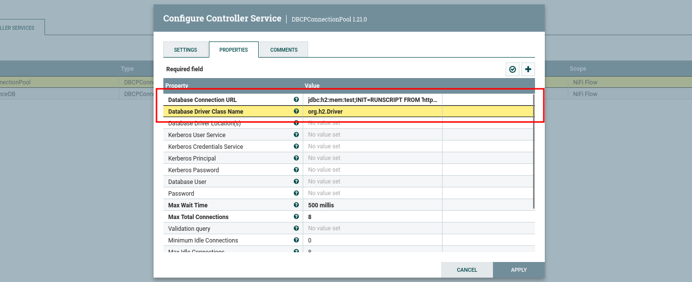 DBCPConnectionPool configured with the malicious JDBC URL and H2 driver class