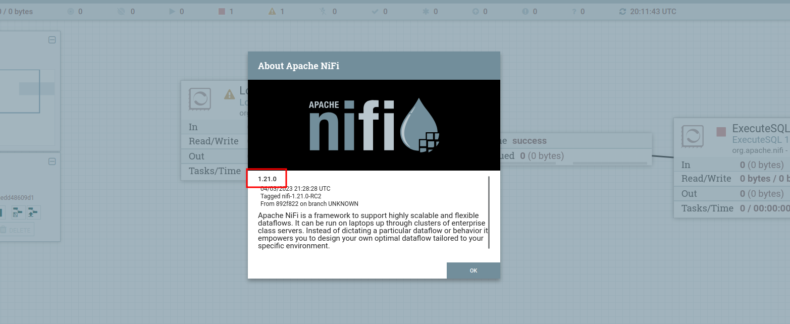 NiFi version banner confirming 1.21.0