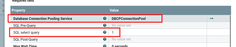 Setting Database Connection Pooling Service and SQL select query to 1