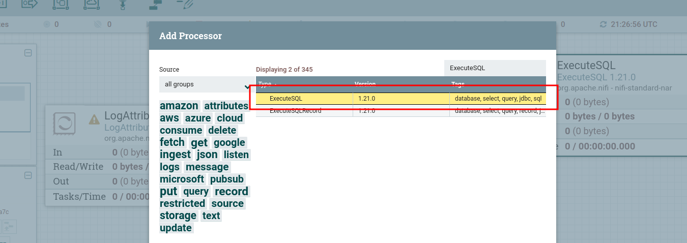 Selecting ExecuteSQL from the processor list