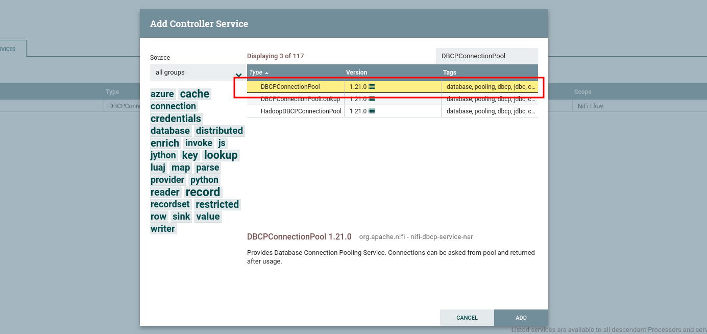 Locating the DBCPConnectionPool service