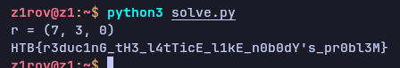 Terminal output of solve.py showing the recovered r and flag